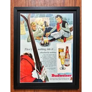 Framed 1949 Orig Magazine Ad Budweiser Beer There's Nothing Like It Ski Lodge